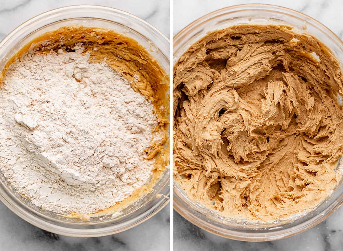 two photos showing how to make Homemade Oatmeal Cream Pies - combining wet and dry ingredients