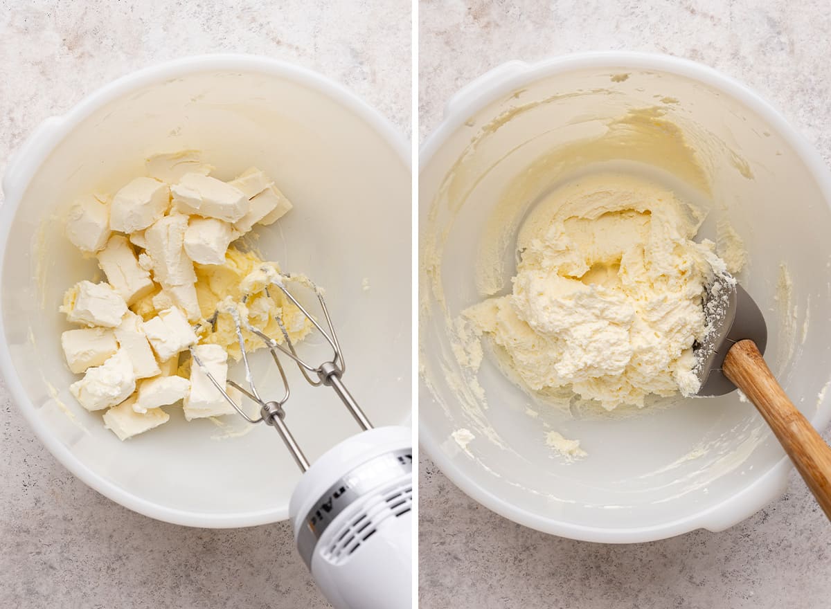 two photos showing how to make the cream cheese filling for a pumpkin roll cake - beating butter and cream cheese