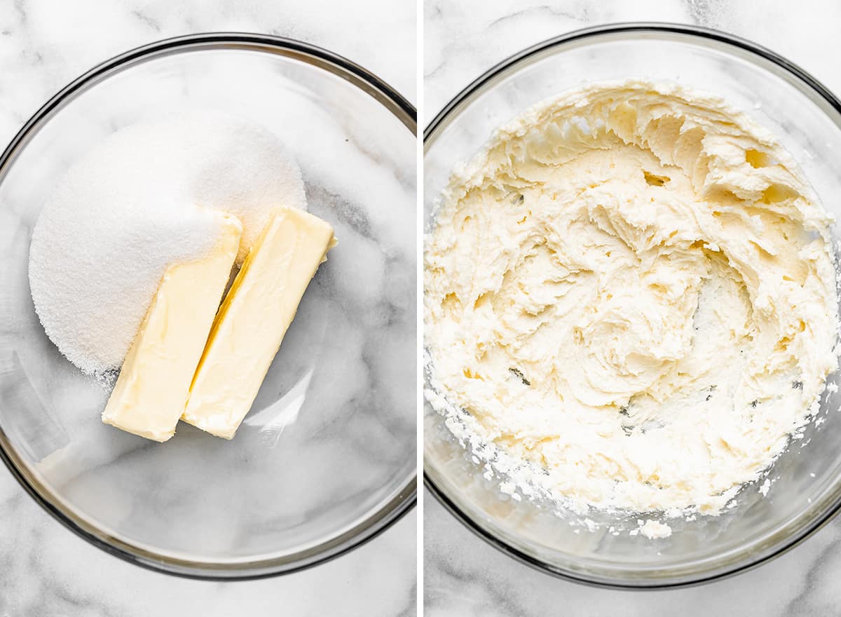 two photos showing How to Make Almond Cookies - beating butter and sugar