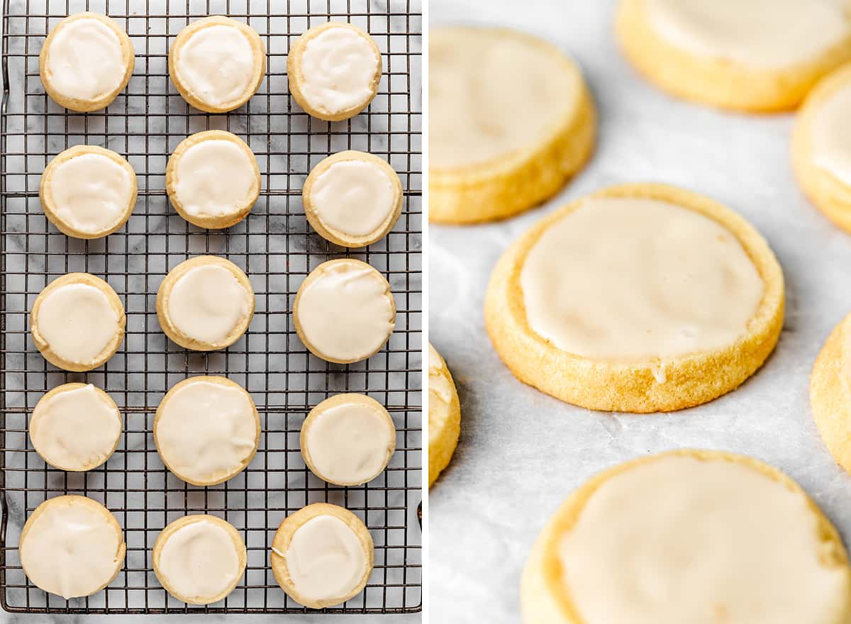 two photos showing almond cookies after being glazed