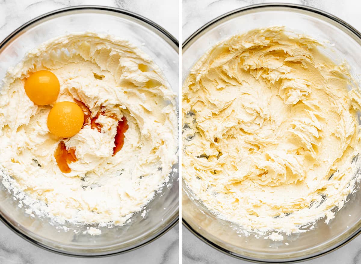 two photos showing how to make almond cookies - adding egg and vanilla & almond extract