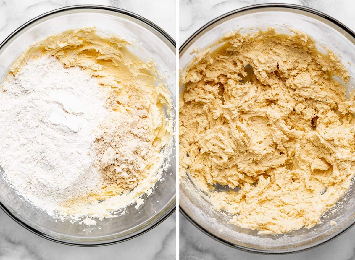 two photos showing How to Make Almond Cookies - beating dry ingredients into wet ingredients