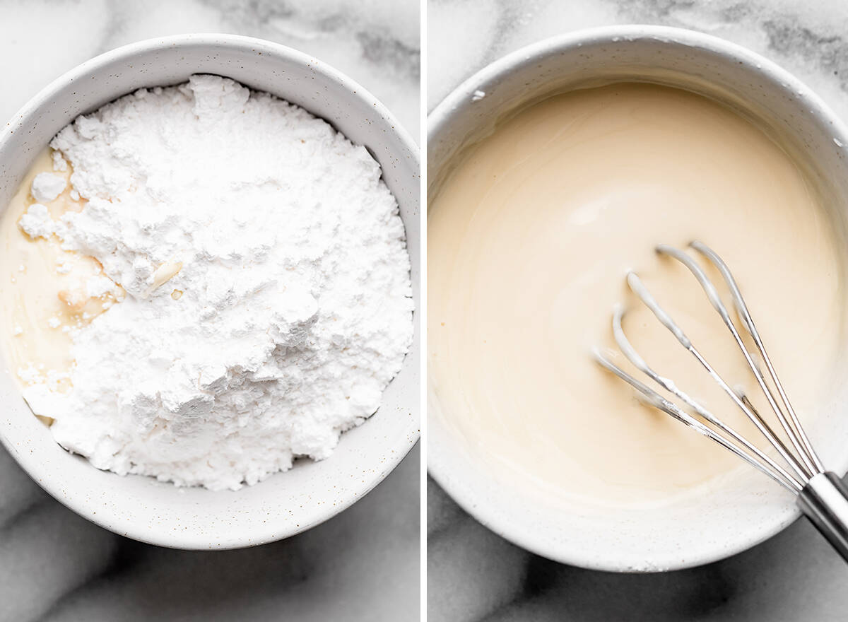 two photos showing how to make almond glaze