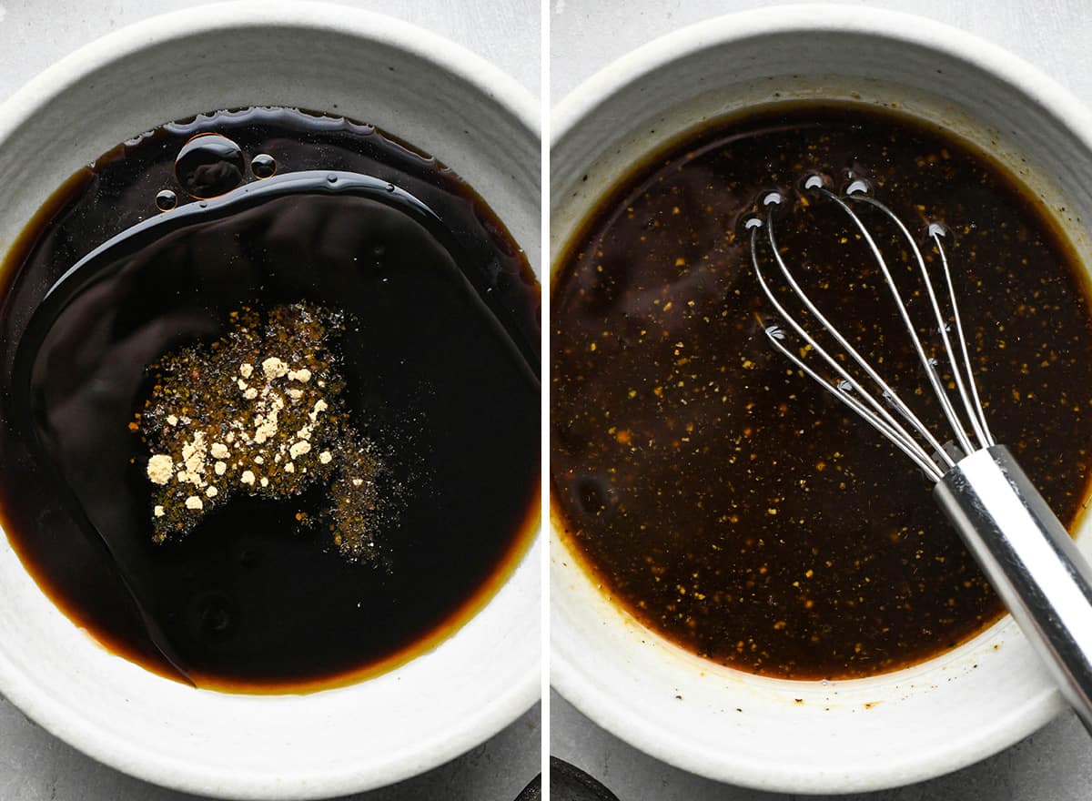 two photos showing how to make Chicken Stir Fry sauce in a bowl