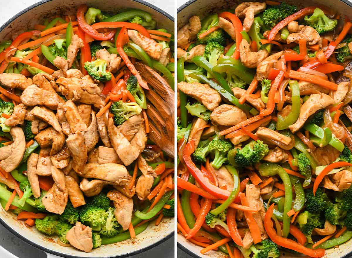 two photos showing how to make Chicken Stir Fry - stirring to combine and cook all ingredients