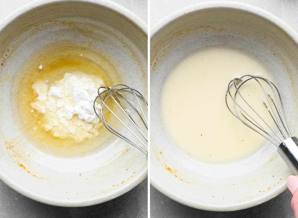 two photos showing how to make Chicken Stir Fry - whisking cornstarch and water to thicken sauce