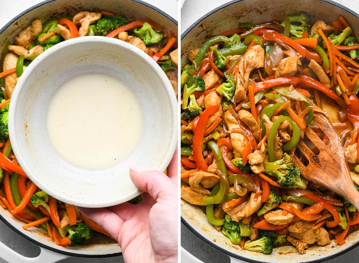 two photos showing how to make Chicken Stir Fry - adding cornstarch and water and thickening sauce