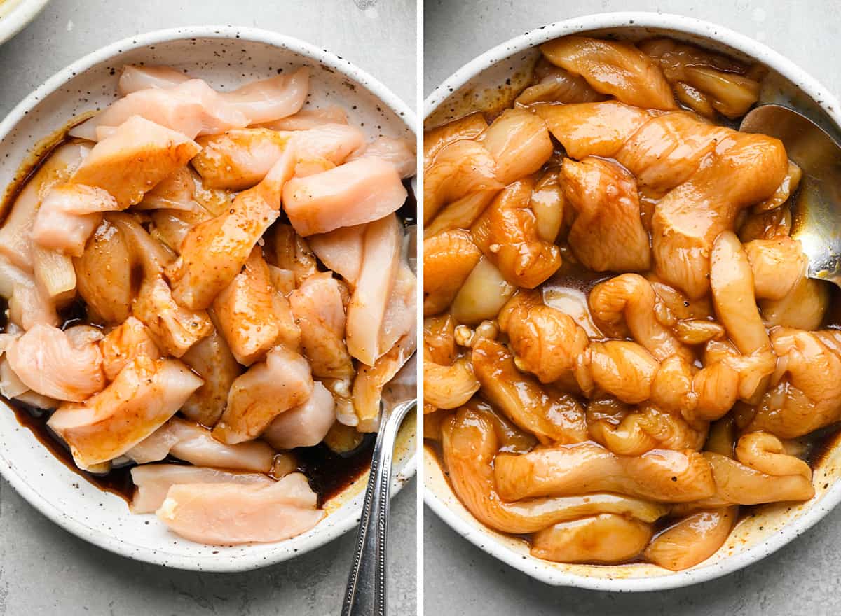 two photos showing how to marinate chicken for Chicken Stir Fry