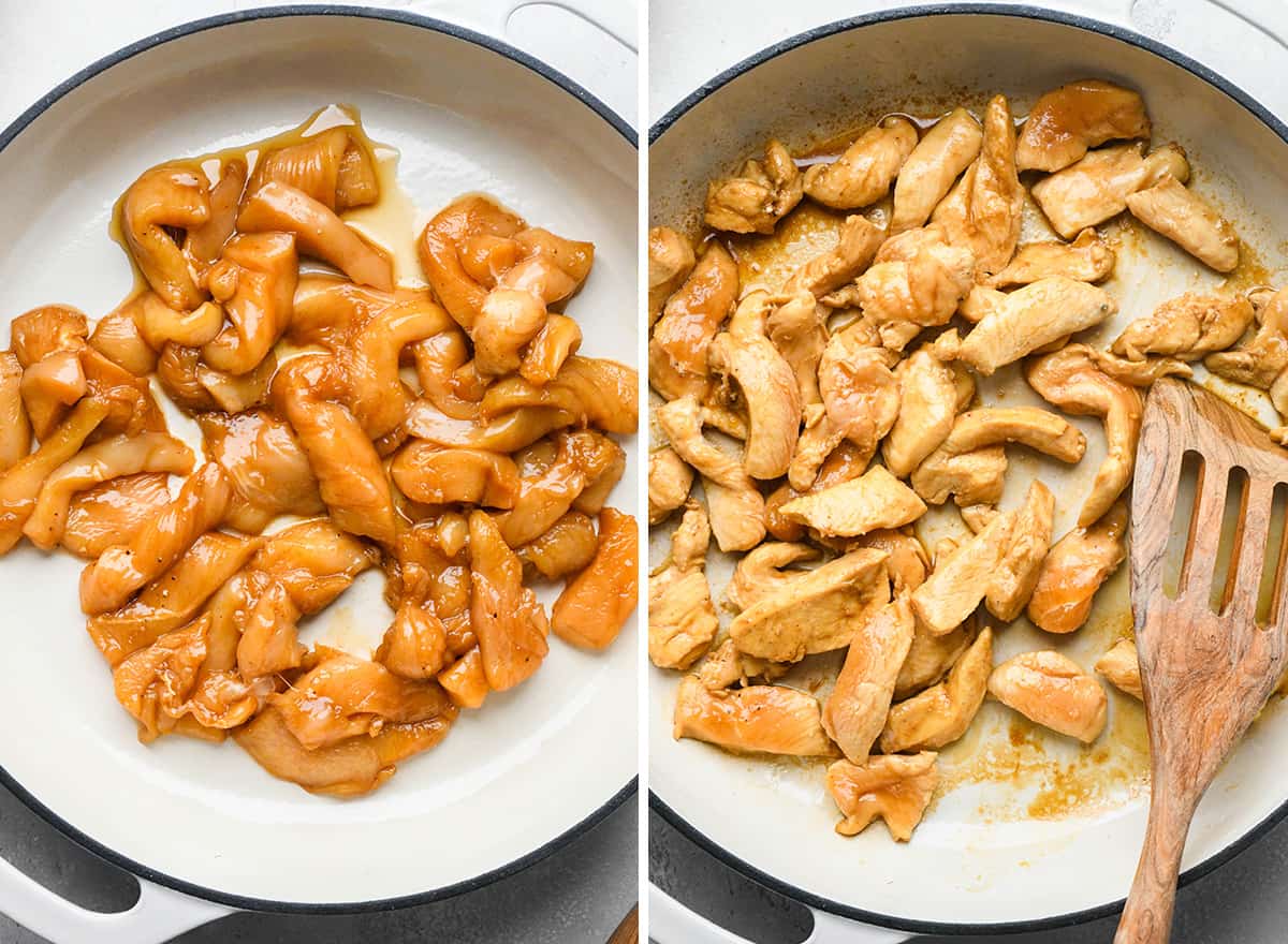 two photos showing how to make Chicken Stir Fry - cooking chicken