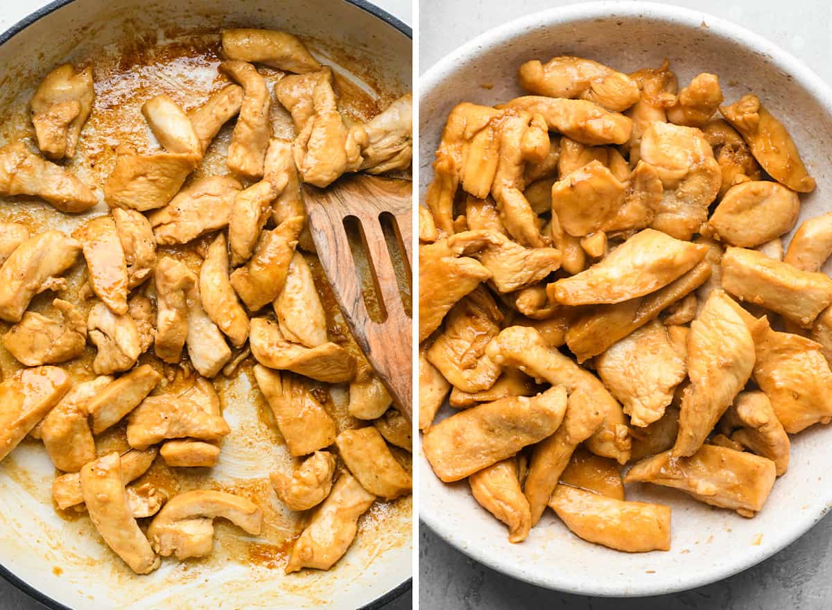 two photos showing how to make Chicken Stir Fry - cooking chicken