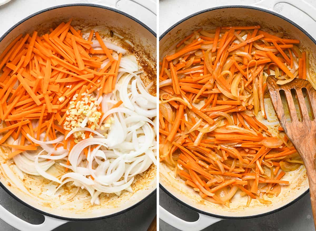 two photos showing how to make Chicken Stir Fry - cooking carrots, garlic and onion