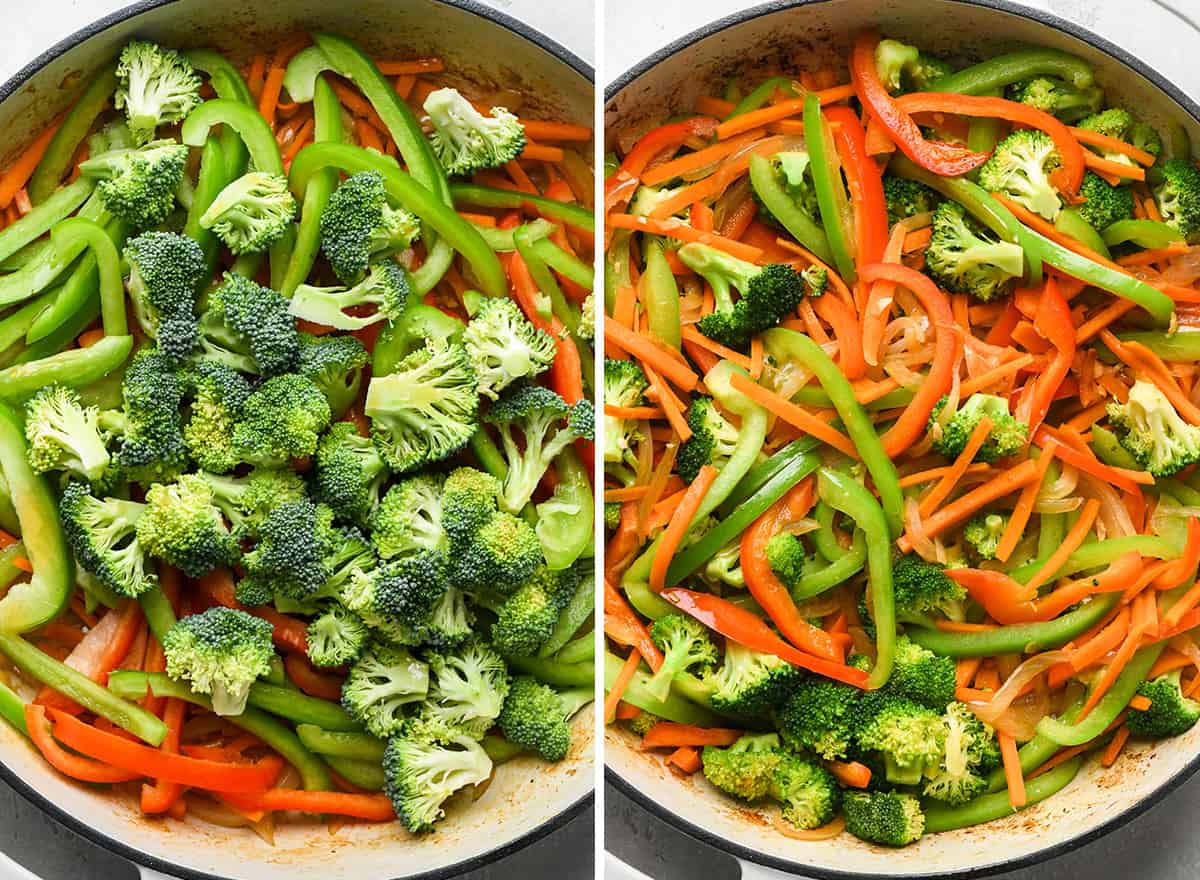 two photos showing how to make Chicken Stir Fry - adding broccoli and bell peppers