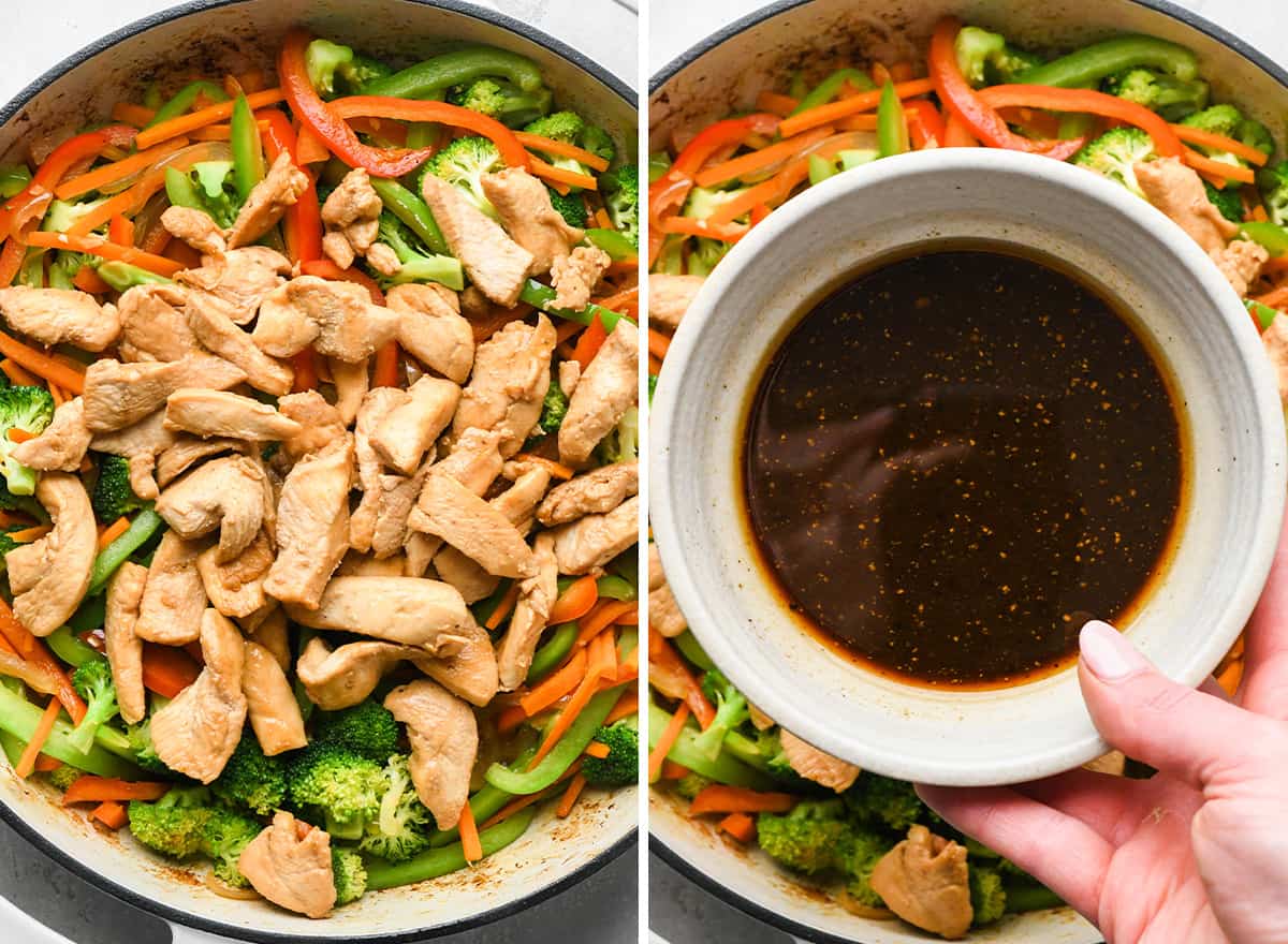 two photos showing how to make Chicken Stir Fry - adding chicken and stir fry sauce