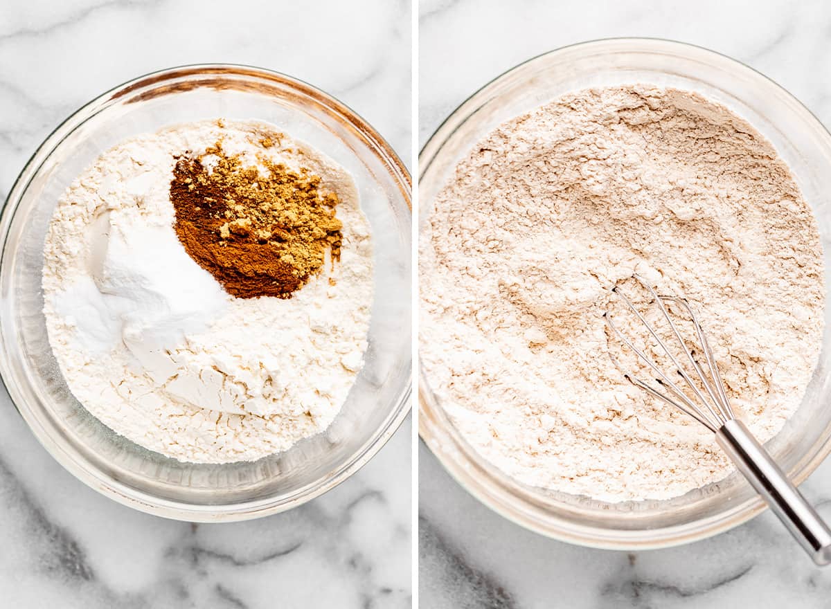 two photos showing how to make gingerbread - combining dry ingredients 