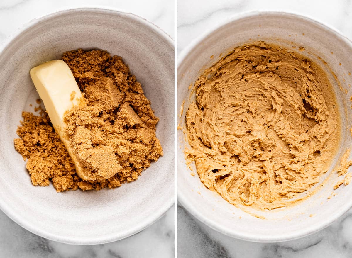 two photos showing how to make gingerbread - beating butter and brown sugar