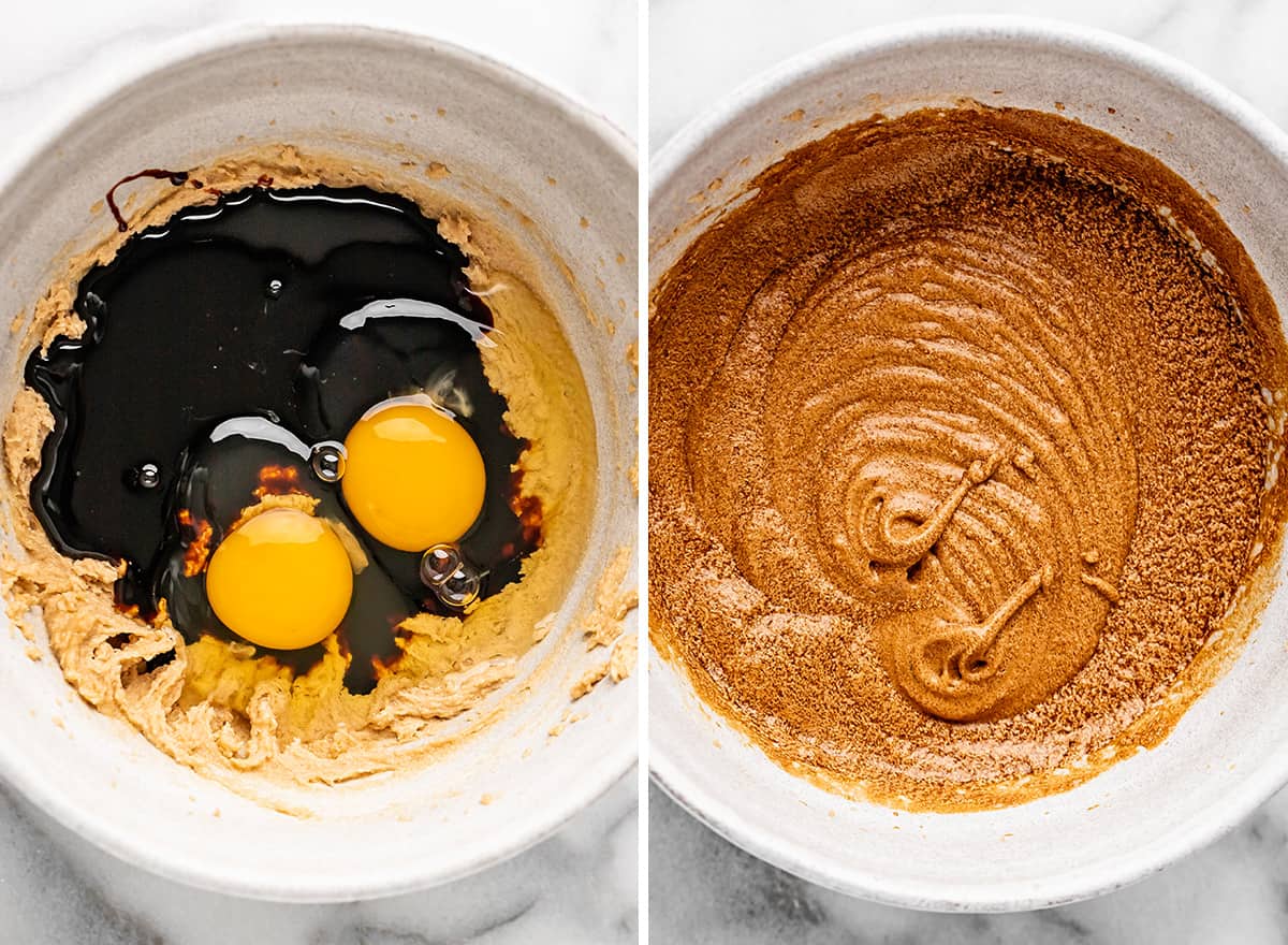 two photos showing how to make gingerbread - adding eggs and molasses