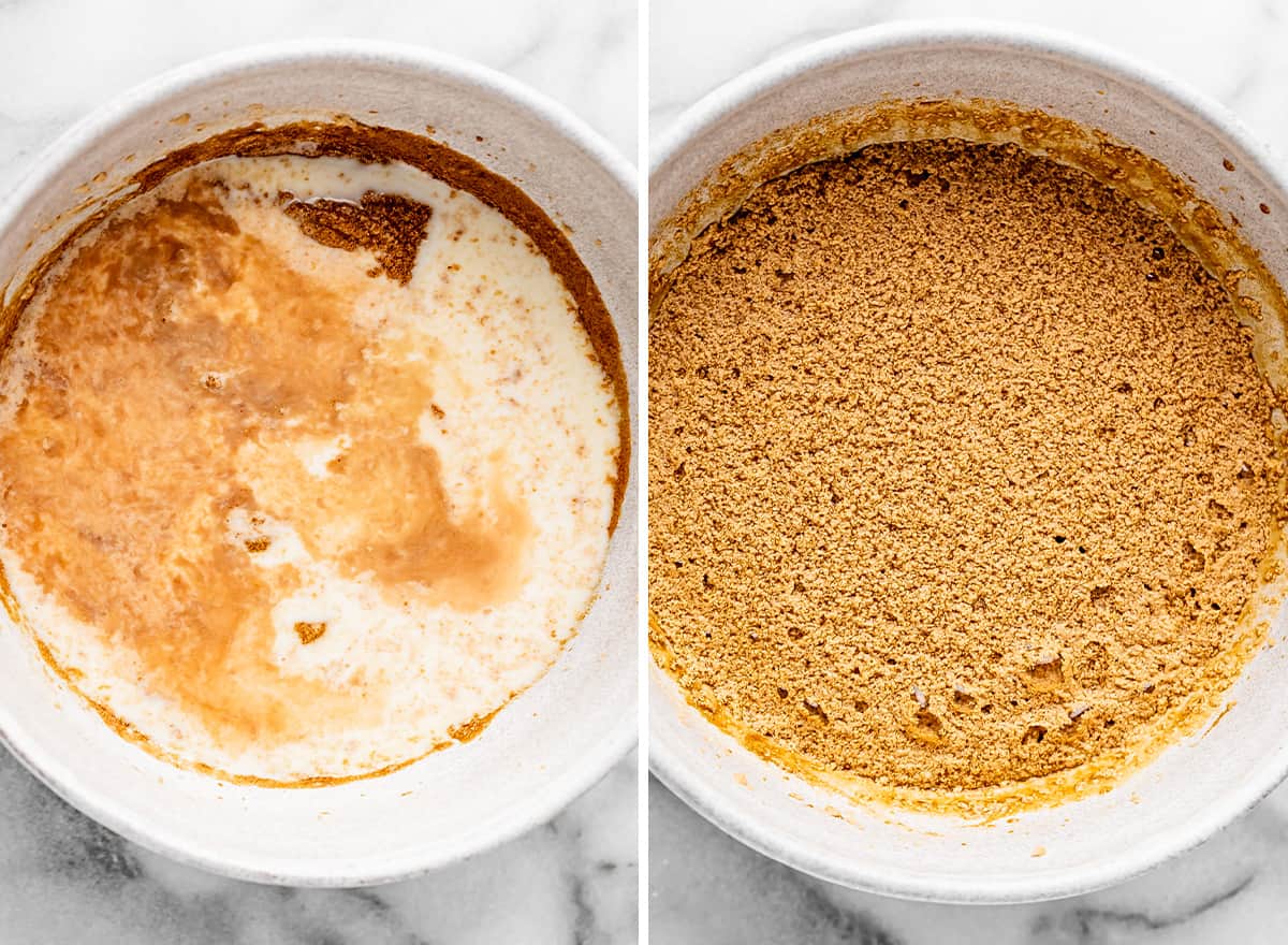 two photos showing how to make gingerbread - adding milk and vanilla