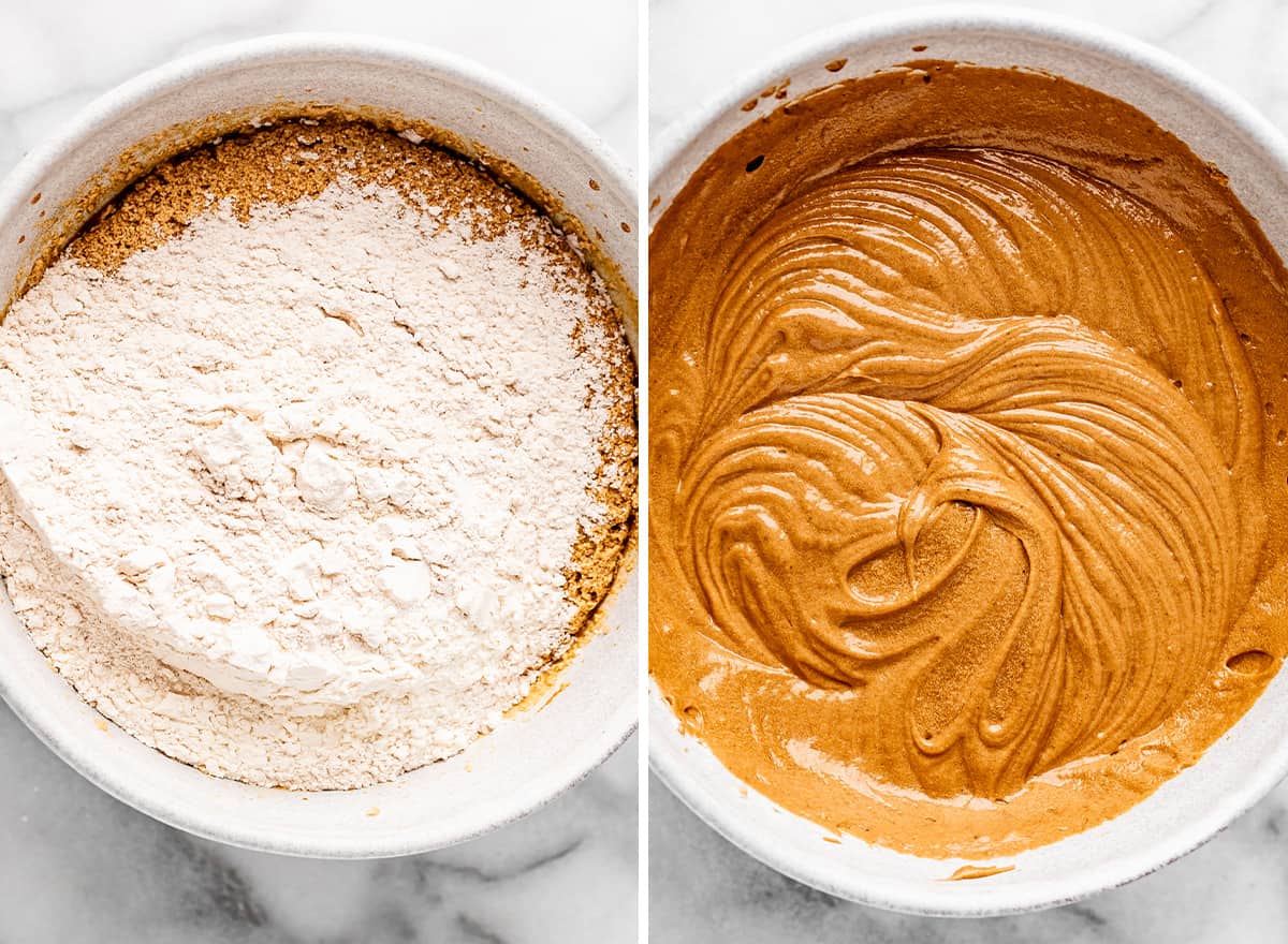 two photos showing how to make gingerbread - combining wet and dry ingredients