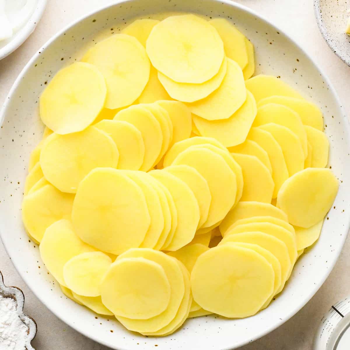 yukon gold potatoes sliced in a bowl