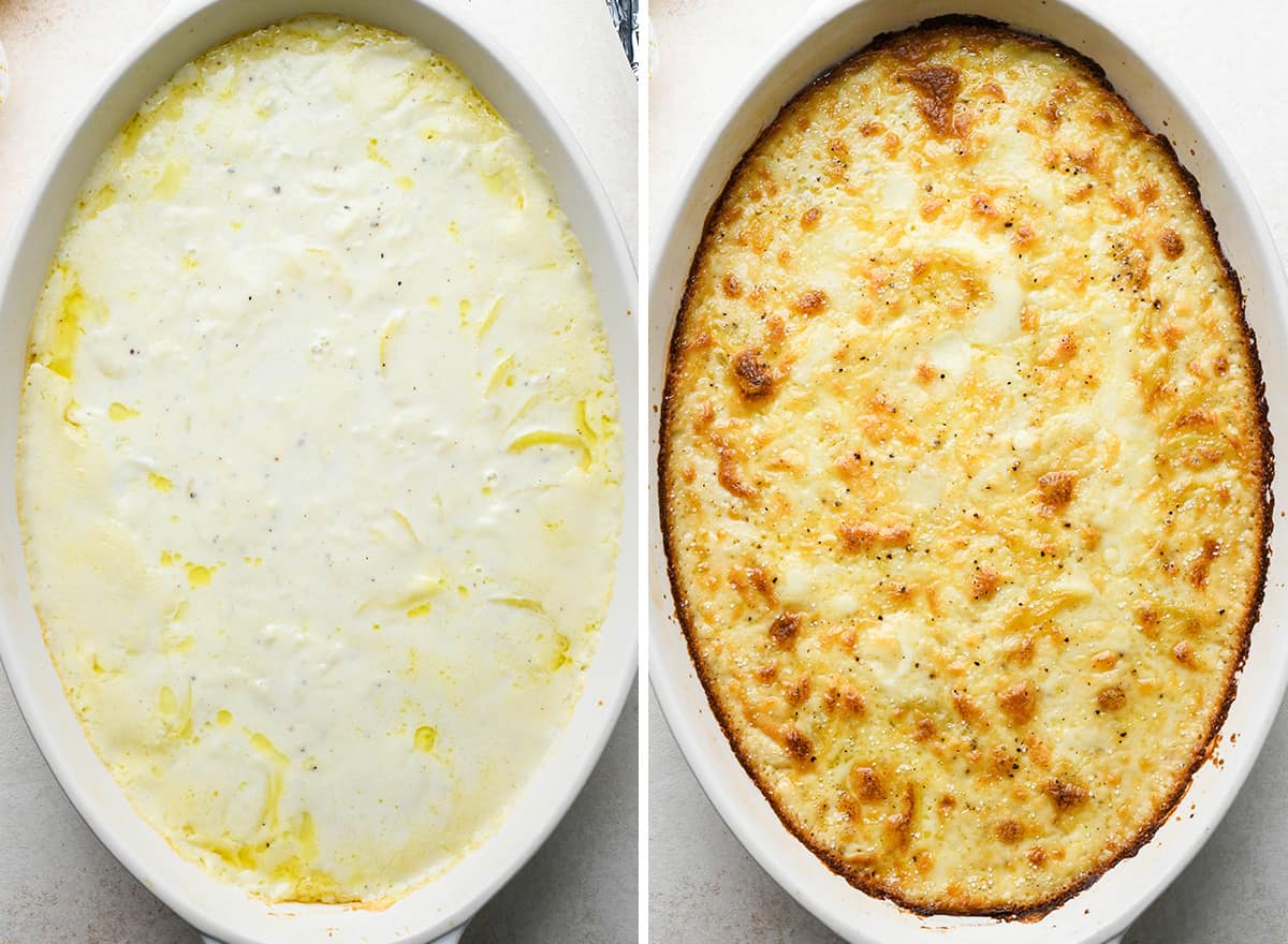 two photos showing How to Make Scalloped Potatoes - during and after baking