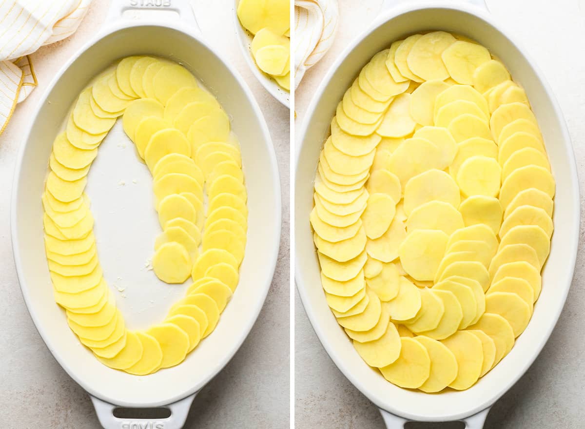 two photos showing How to Make Scalloped Potatoes - arranging potatoes in the baking dish