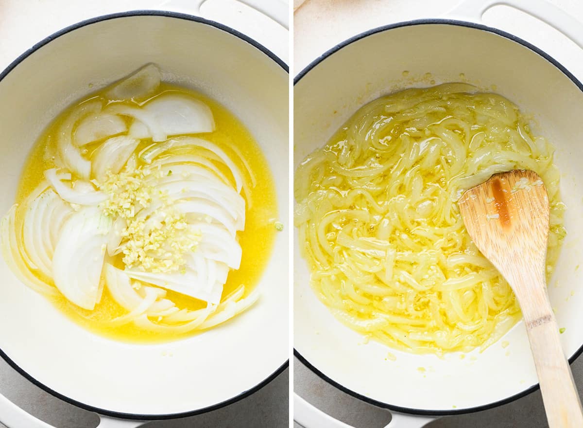 two photos showing How to Make Scalloped Potatoes - cooking butter, onion and garlic