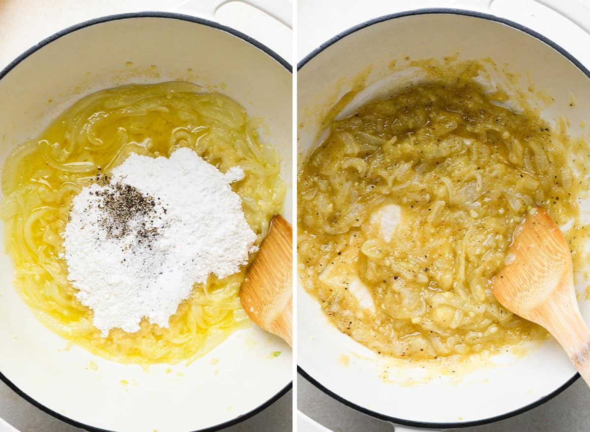 two photos showing How to Make Scalloped Potatoes - adding flour to make the roux