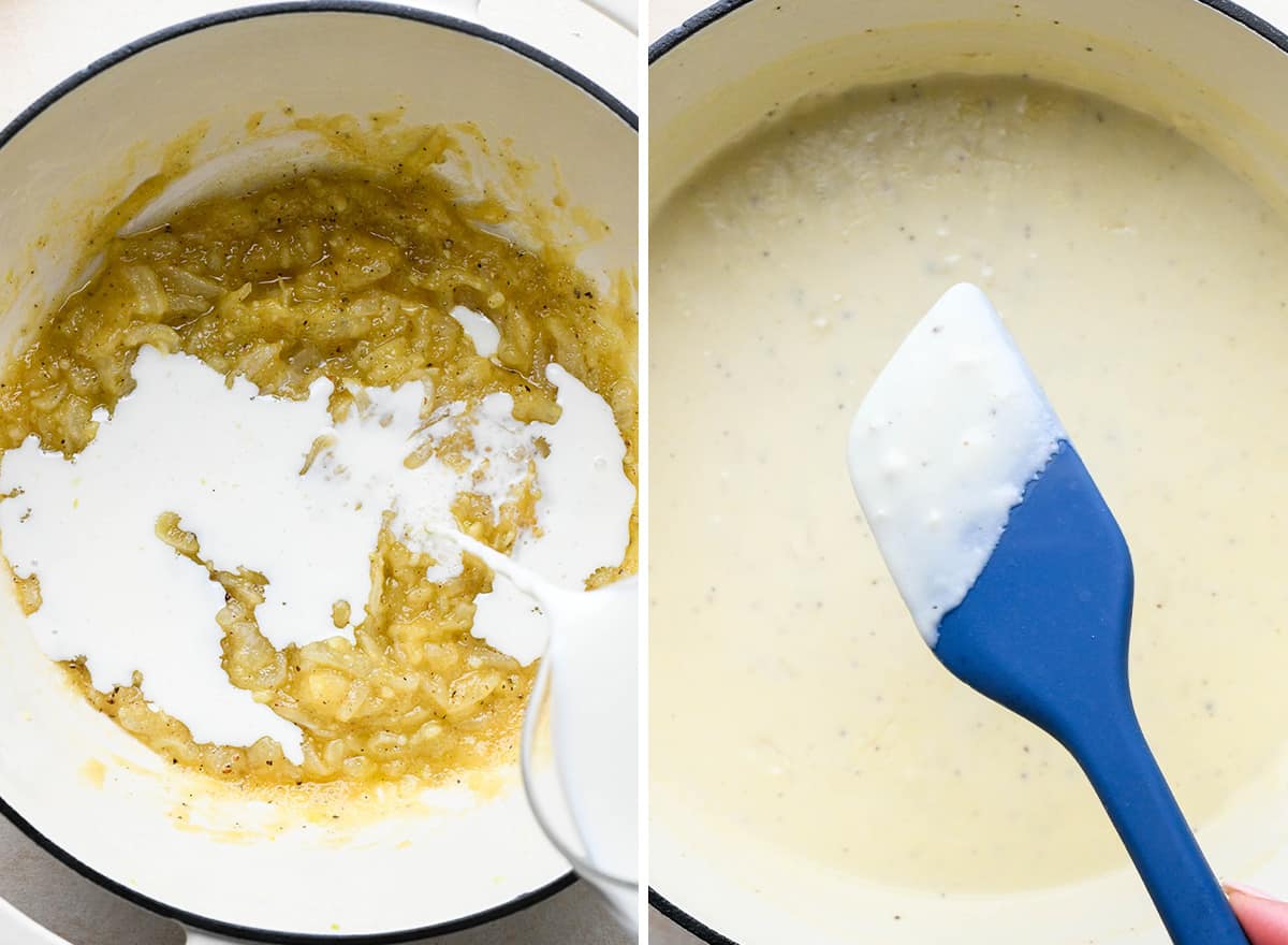 two photos showing how to make the sauce for scalloped potatoes