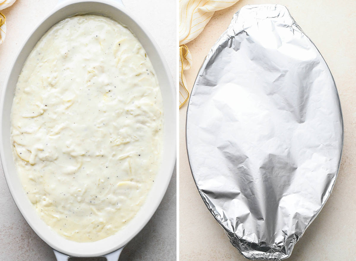 two photos showing scalloped potatoes in the baking dish before baking, then the dish covered in foil