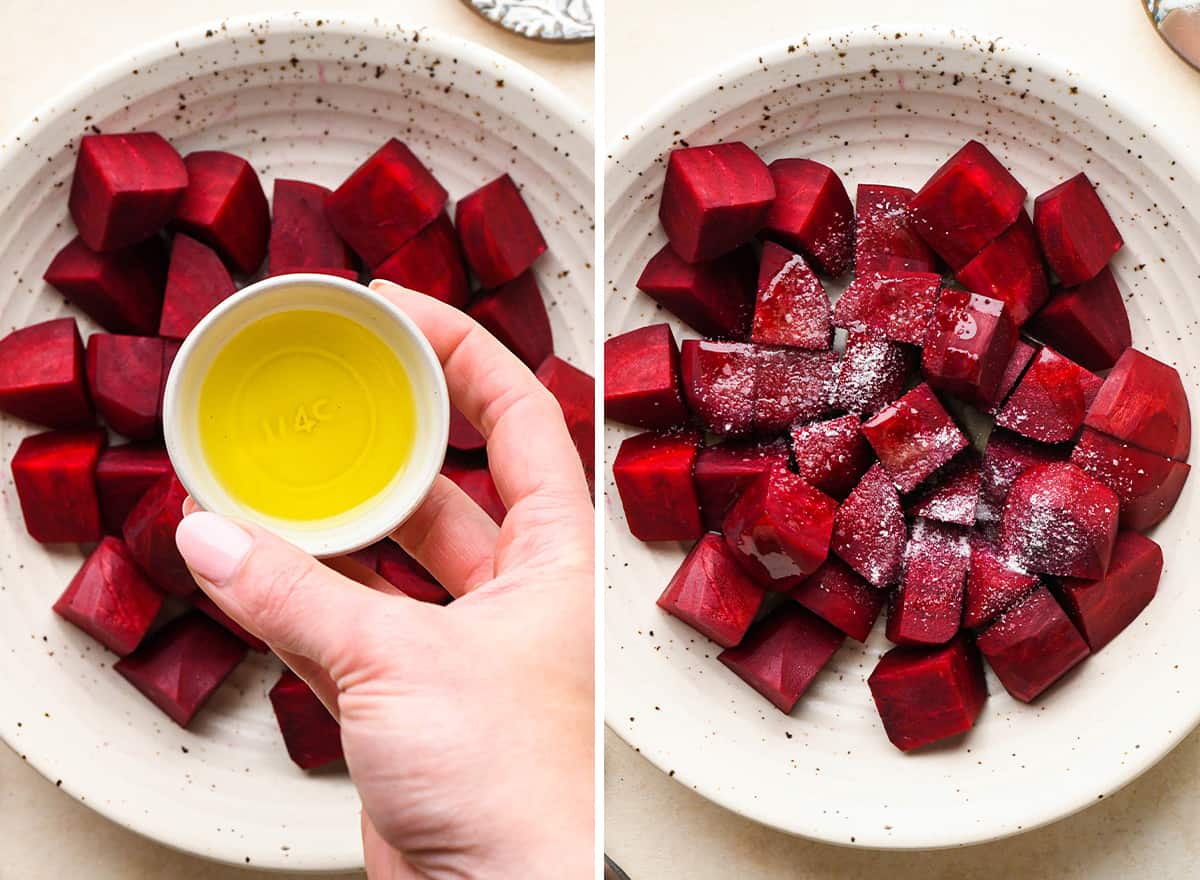 two photos showing How to Roast Beets - adding olive oil and sea salt