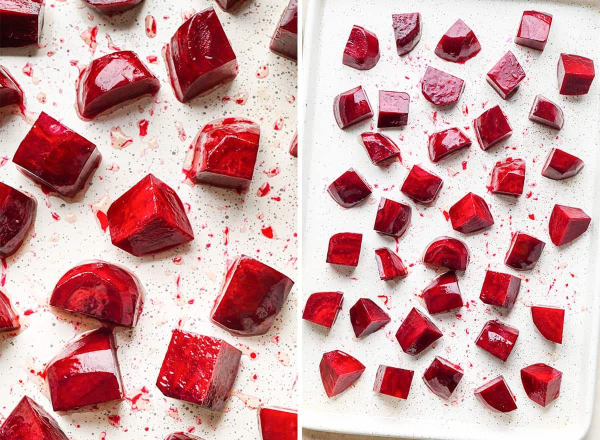 two photos showing How to Roast Beets - beets on baking sheet before roasting