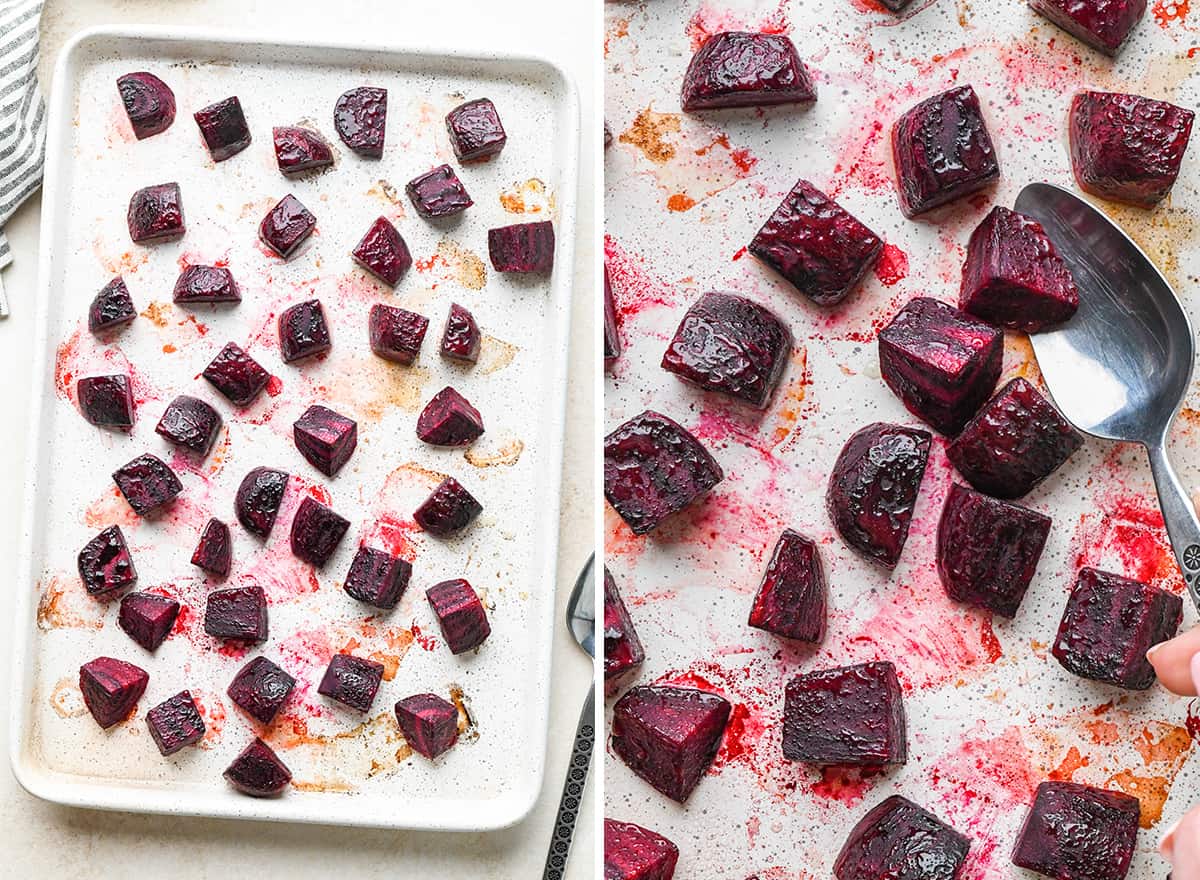 two photos showing stirring roasted beets on a baking sheet during cooking