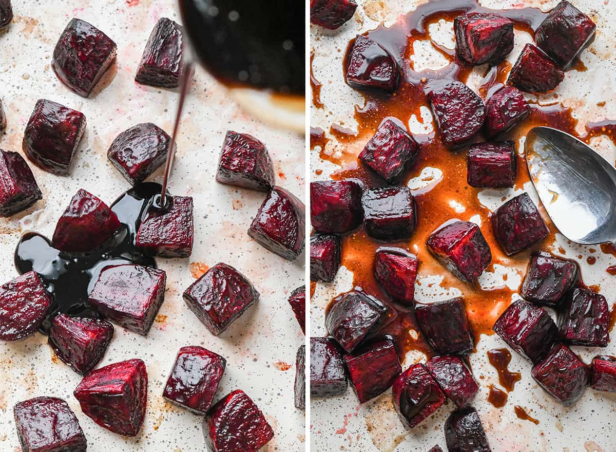 two photos showing adding balsamic glaze to roasted beets