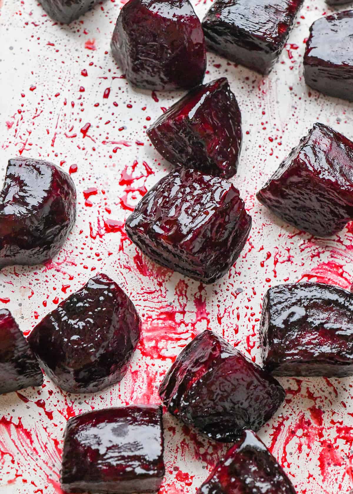 Roasted Beets on a baking sheet after roasting.