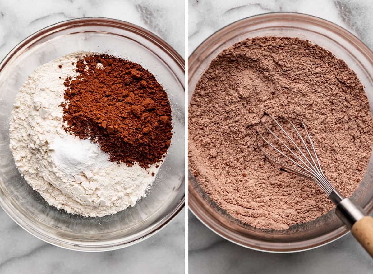 two photos showing how to make Nutella cookies - combining dry ingredients