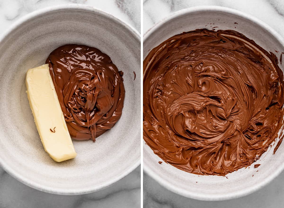 two photos showing how to make Nutella cookies - beating butter and Nutella