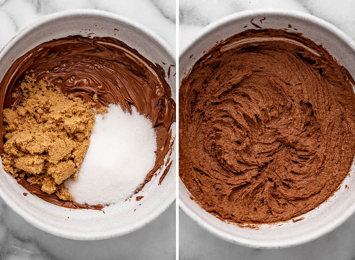 two photos showing how to make Nutella cookies - beating in sugars