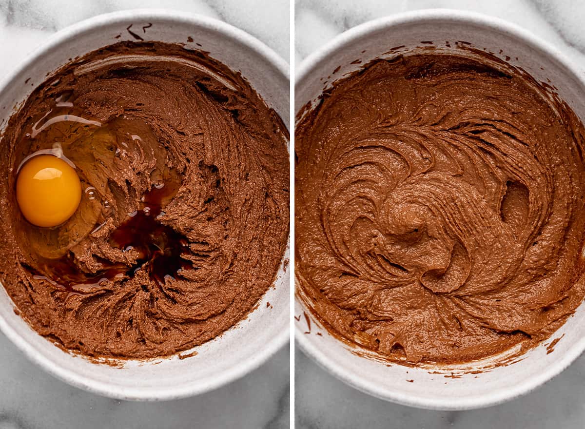 two photos showing how to make Nutella cookies - adding egg and vanilla