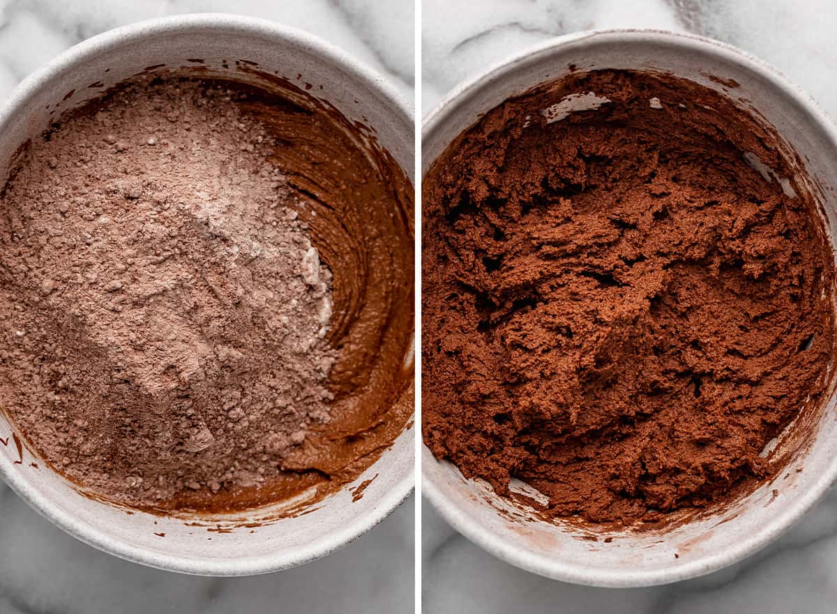 two photos showing how to make Nutella cookies - adding dry ingredients