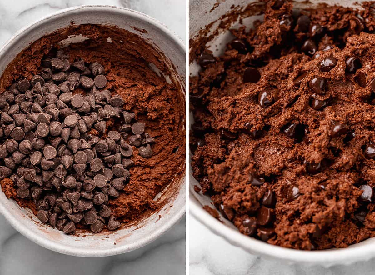 two photos showing how to make Nutella cookies - stirring in chocolate chips