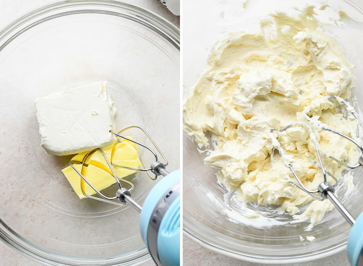 two photos showing how to make cream cheese frosting for Pumpkin Cookies with Cream Cheese Frosting