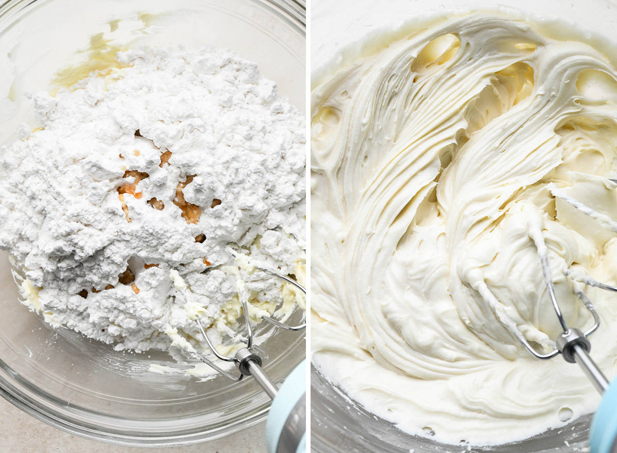 two photos showing how to make cream cheese frosting for Pumpkin Cookies with Cream Cheese Frosting