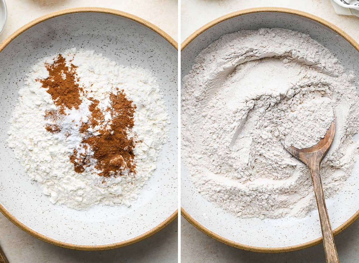 two photos showing mixing the dry ingredients for this Pumpkin Cookies Recipe