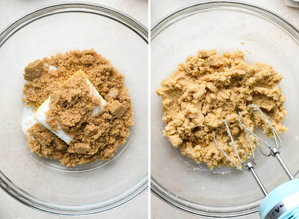 two photos showing beating butters and sugars together to make Pumpkin Cookies