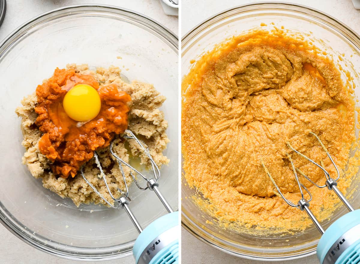 two photos showing adding egg, pumpkin puree and vanilla to this Pumpkin Cookies Recipe