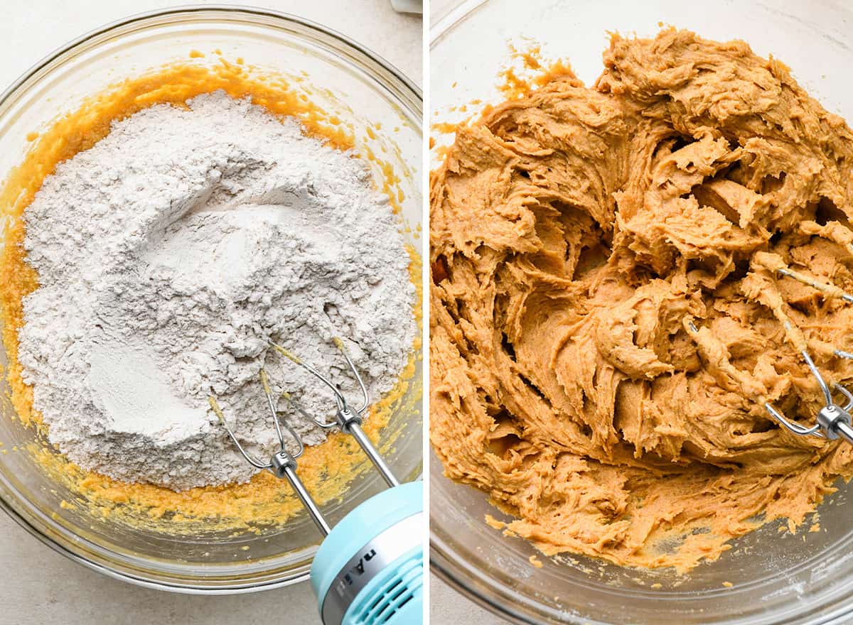 two photos showing how to make pumpkin cookies - combining wet and dry ingredients