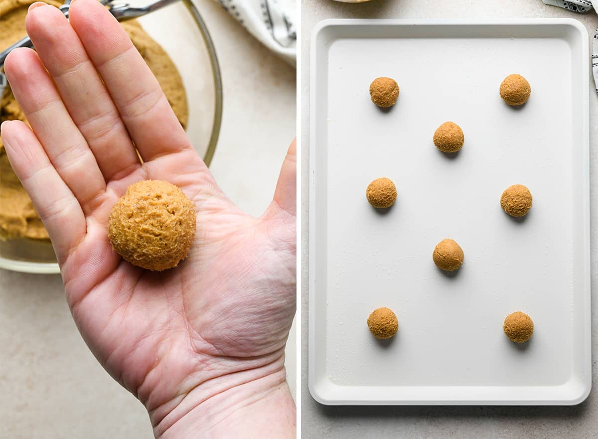 two photos showing rolling pumpkin cookie dough and putting it on a baking sheet