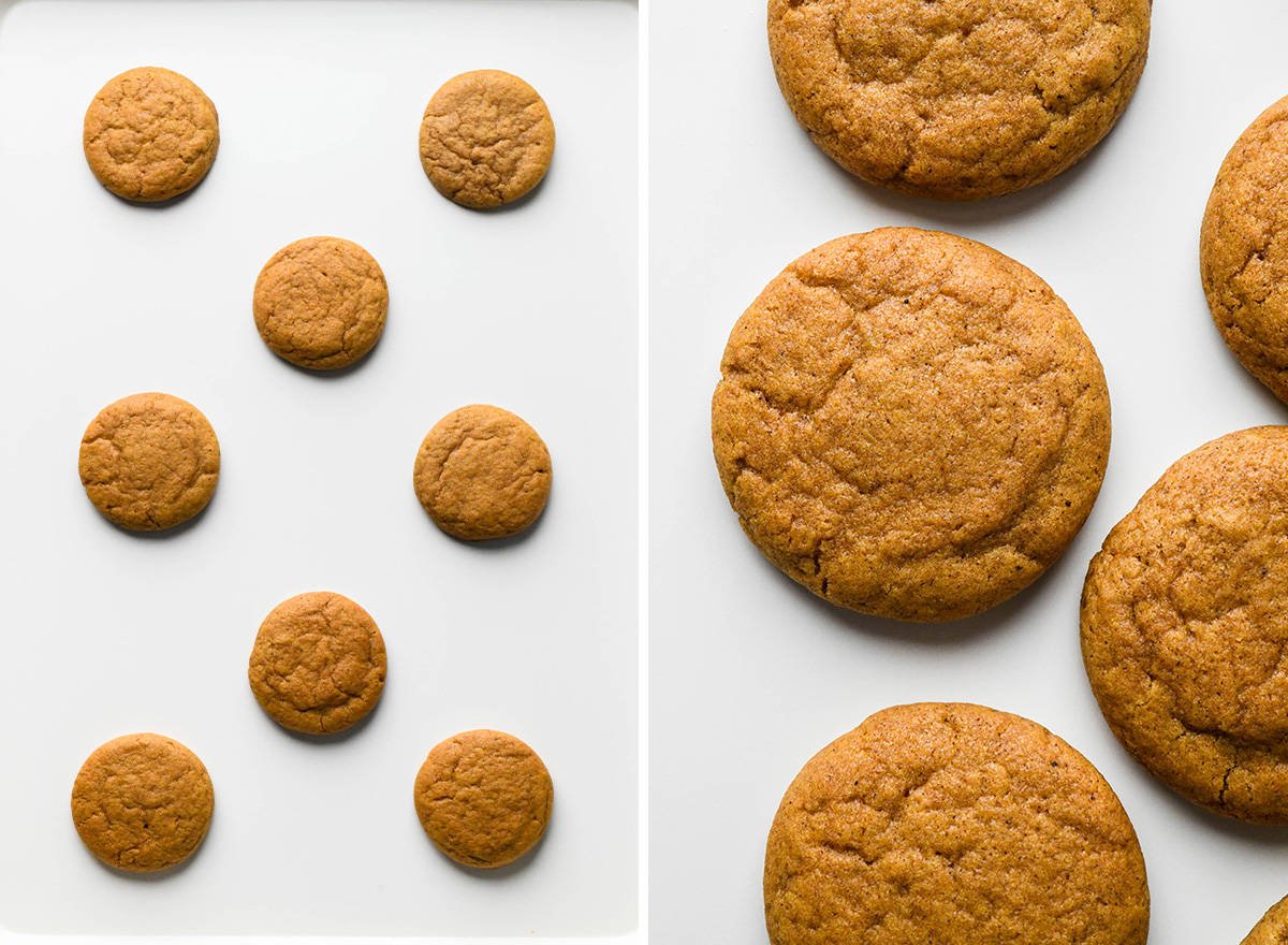 two photos showing baked pumpkin cookies on a baking sheet