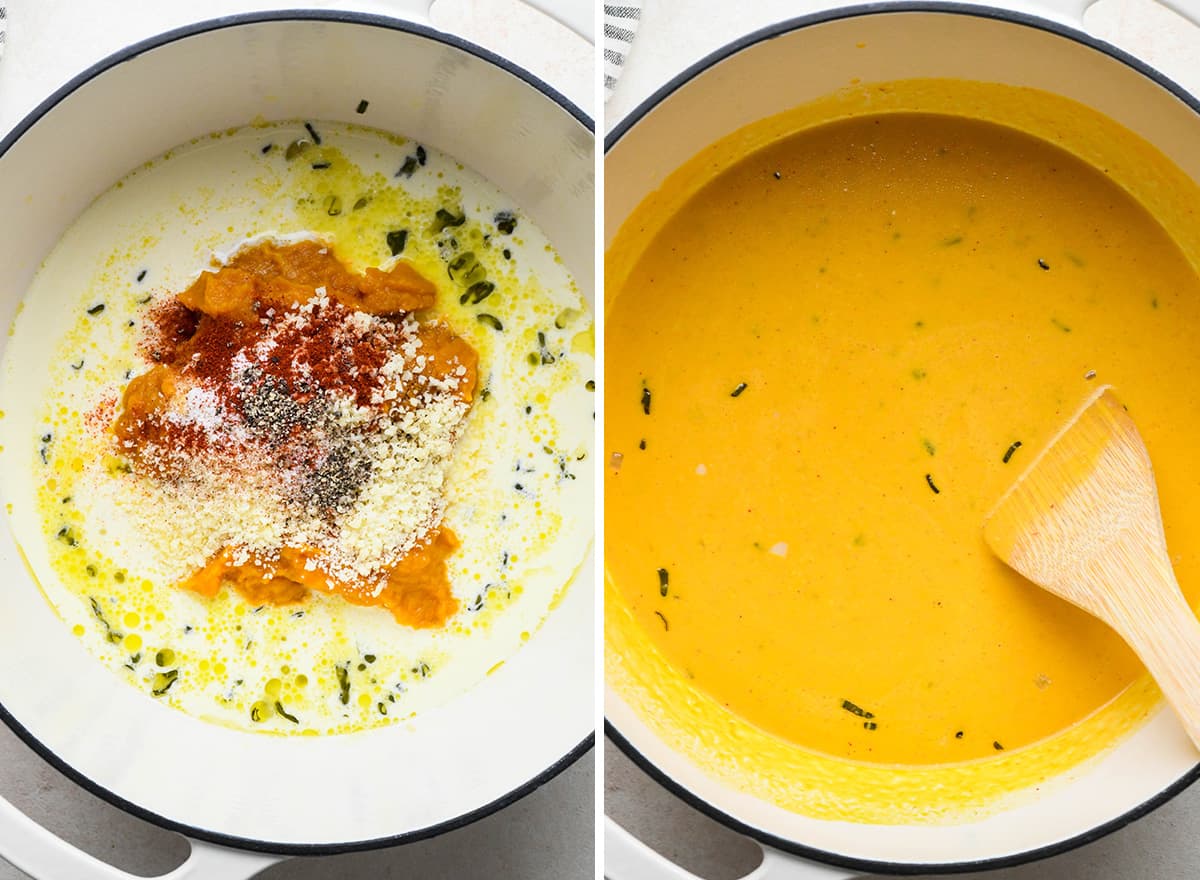 two photos showing how to make pumpkin pasta sauce - adding pumpkin, spices and cheese