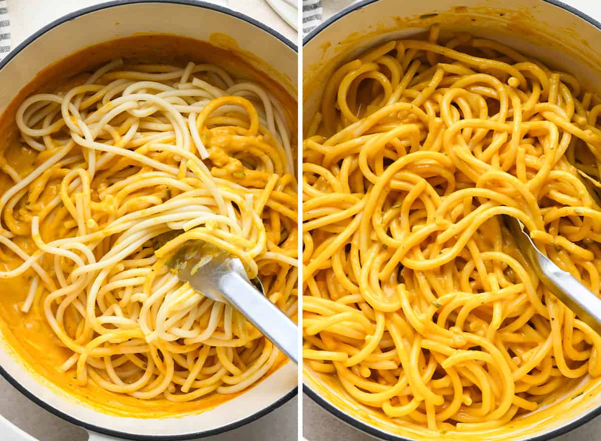 two photos showing tossing pasta with pumpkin pasta sauce